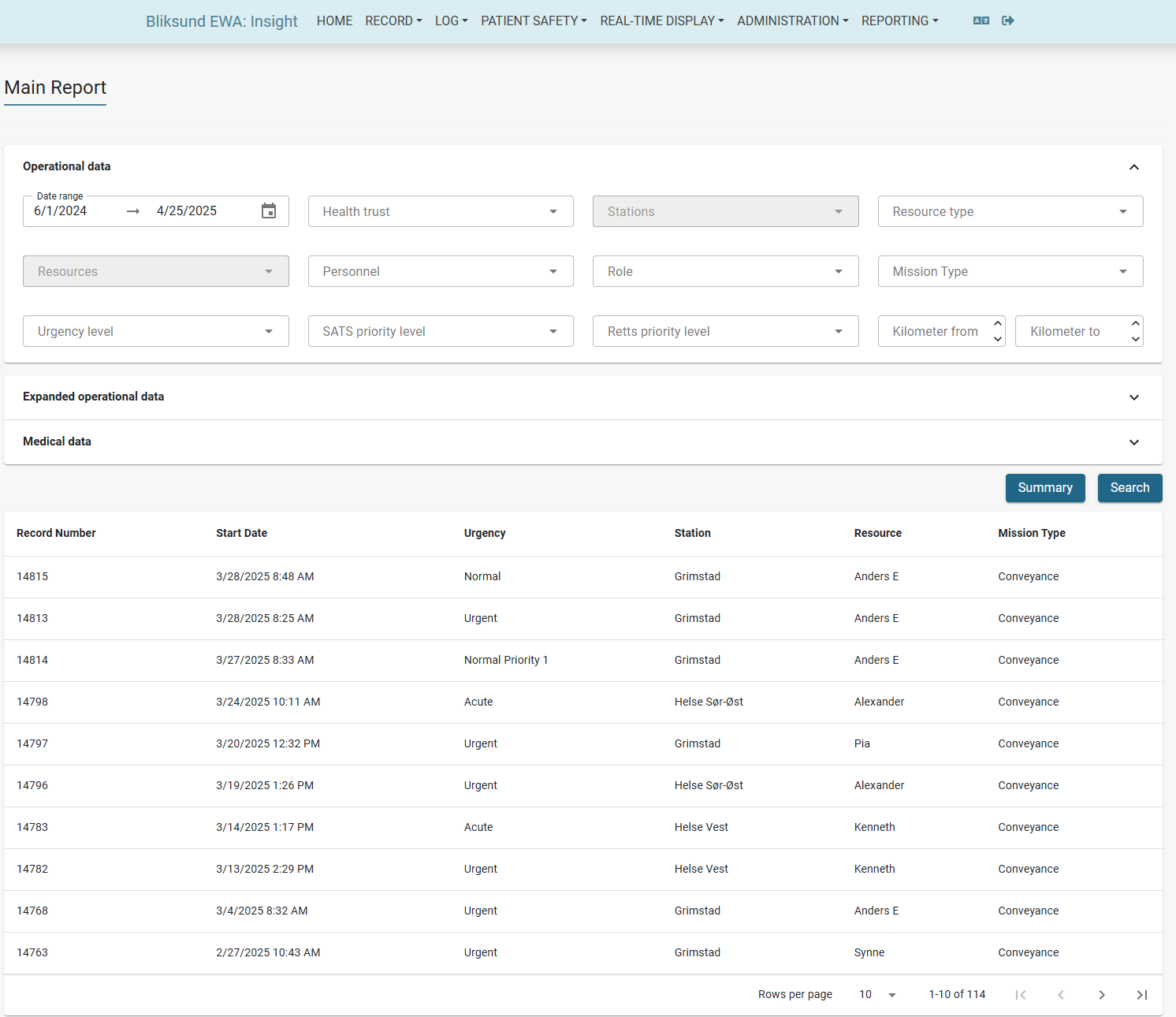 =1492x1290 Main Report interface showing the filtering panel and data grid